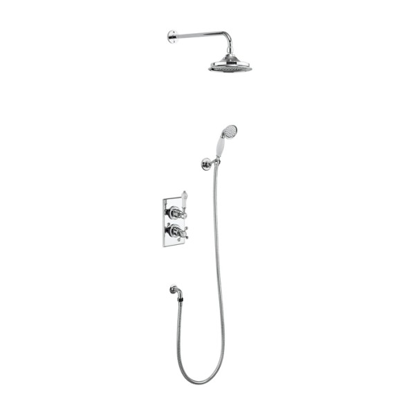 Trent Thermostatic Dual Outlet Concealed Divertor Shower Valve, Fixed Shower Arm, Handset & Holder with Hose with Rose