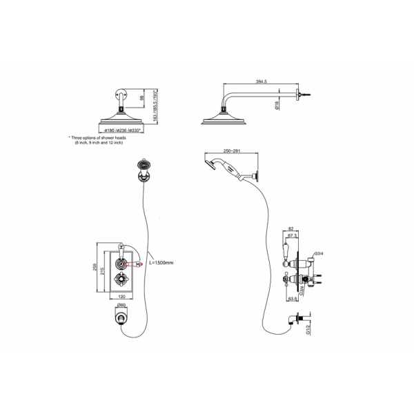 Trent termostatiskais iebūvētais dušas komplekts ar divām izejām, turētāju ar dušas galvu un rokas dušu
