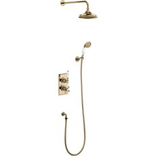Trent Thermostatic Dual Outlet Concealed Divertor Shower Valve, Fixed Shower Arm, Handset & Holder with Hose with 9 inch Rose, Gold