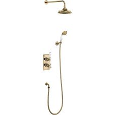 Trent termostatiskais iebūvētais dušas komplekts ar divām izejām, turētāju ar 9 collu dušas galvu un rokas dušu, zelts