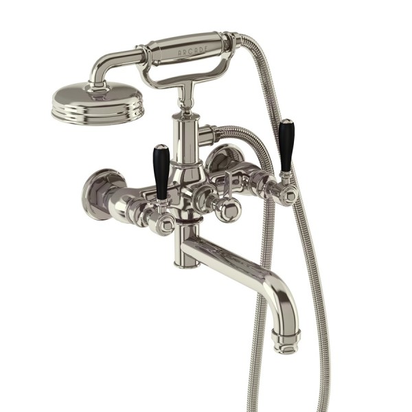 Arcade Bath Shower Mixer Wall Mounted with Matt black ceramic tap levers, Nickel