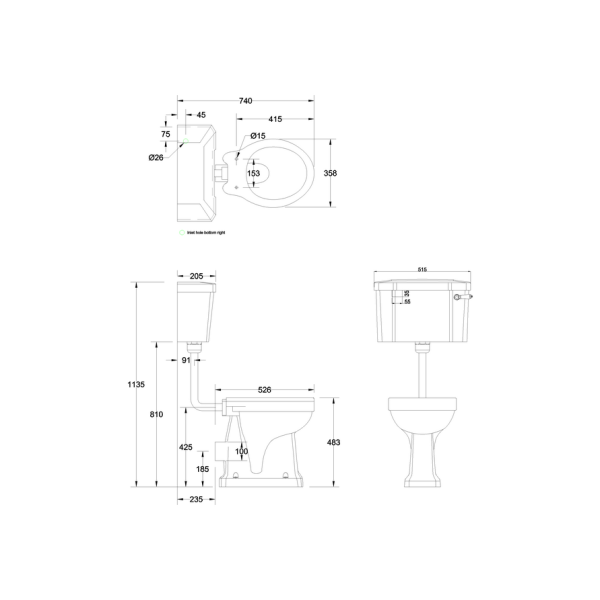 Zema līmeņa Regal tualetes pods ar 440mm cisternu keramikas rokturi 