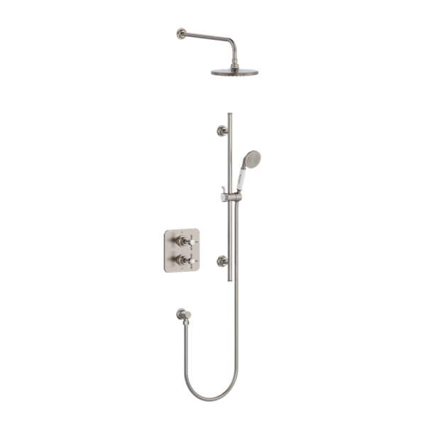 Guild termostatiskais kvadrātveida dušas komplekts ar divām izejām, turētājs ar 200 mm dušas galviņu un rokas duša uz dušas stieņa