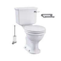 Monobloka tualetes Guild pods bez apmales ar 440mm cisternu ar poda vāku balta krāsa, keramikas WC slazds ar horizontālo izvadu, tualetes birstes turētājs un tualetes ruļļu turētājs (hroms)