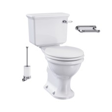 Monobloka tualetes pods bez apmales ar 440mm cisternu ar poda vāku ar lēnās aizvēršanas mehānismu balta krāsa, keramikas WC slazds ar horizontālo izvadu, tualetes birstes turētājs un tualetes ruļļu turētājs (hroms)