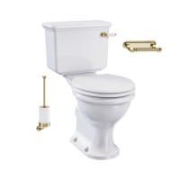Monobloka tualetes Guild pods bez apmales ar 440mm cisternu ar poda vāku balta krāsa, keramikas WC slazds ar horizontālo izvadu, tualetes birstes turētājs un tualetes ruļļu turētājs (zelts)