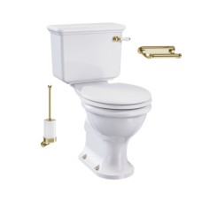 Monobloka tualetes pods bez apmales ar 440mm cisternu ar poda vāku ar lēnās aizvēršanas mehānismu balta krāsa, keramikas WC slazds ar horizontālo izvadu, tualetes birstes turētājs un tualetes ruļļu turētājs (zelts)