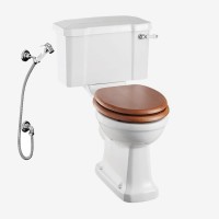 Monobloka tualetes pods ar 440mm cisternu ar poda vāku zelta ozola krāsa, keramikas WC slazds un higiēnas duša ar maisītāju (hroms)