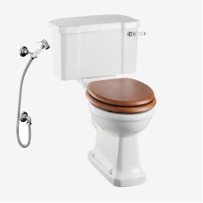 Monobloka tualetes pods ar 440mm cisternu ar poda vāku zelta ozola krāsa, keramikas WC slazds un higiēnas duša ar maisītāju (hroms)