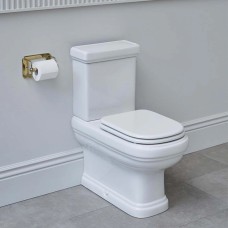 Monobloka pie sienas stiprināms tualetes pods Riviera ar cisternu, balts poda vāks un WC ruļļu turētājs (zelts)