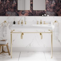 Edwardian 1200 mm dubultā izlietne ar zelta statīvu, tradicionāli sifoni, Claremont 3 caurumu maisītāji ar Pop-up izplūdi (zelts)