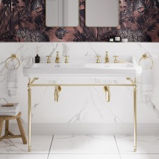 Edwardian 1200 mm dubultā izlietne ar zelta statīvu, tradicionāli sifoni, Claremont 3 caurumu maisītāji ar Pop-up izplūdi (zelts)