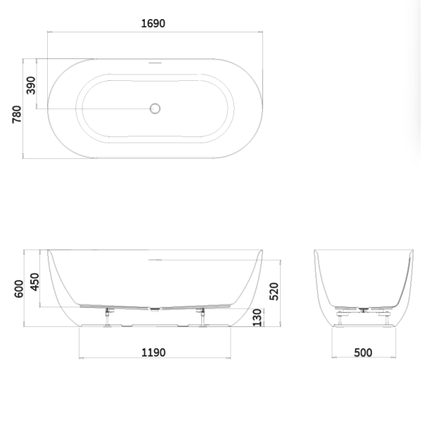 Cerus brīvstāvoša vanna ar pārplūdi un noteci 1690 x 780 mm Cerus brīvstāvoša vanna ar pārplūdi un noteci 1690 x 780 mm